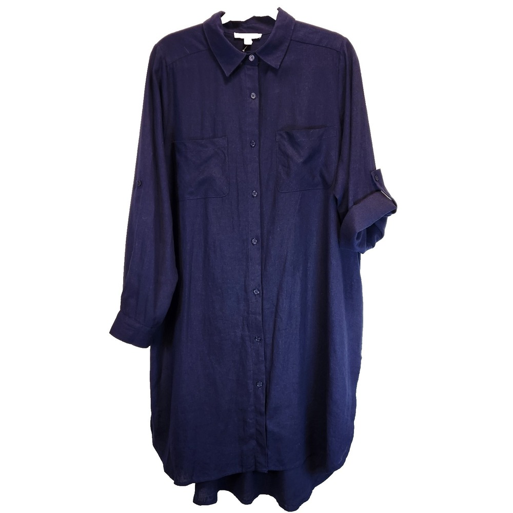 Jessica London Hi-Low Linen Blend Tunic Women`s Sz 18W Navy Blue Roll Tab Sleeve